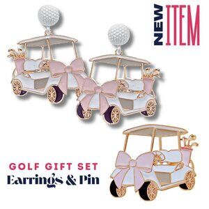 NEW GOLF LOVERS GIFT SET - Brooch Pin + Matching Earrings Pink Bows Gift Boxed